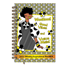 Good Vibes & Voice Mails 2027 Weekly Inspirational Planner by Kiwi McDowell (Main) - A spiral-bound 2027 Weekly Inspirational Planner featuring a colorful cartoon illustration of a woman with an afro and the text 'WooHood! Good Vibes and Voice Mails!' on the cover.