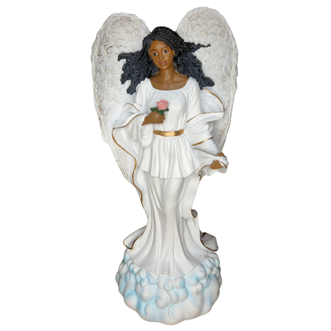 Graceful African American Angel in White with Rose Figurine
