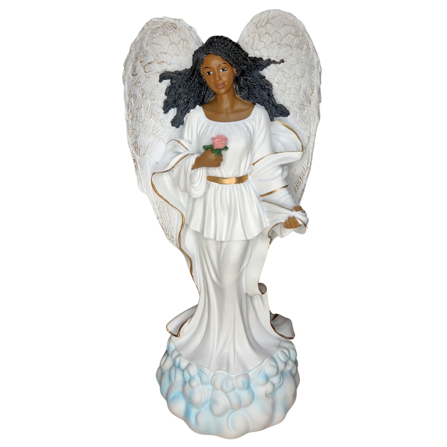 1 of 6: Graceful African American Angel in White with Rose Figurine