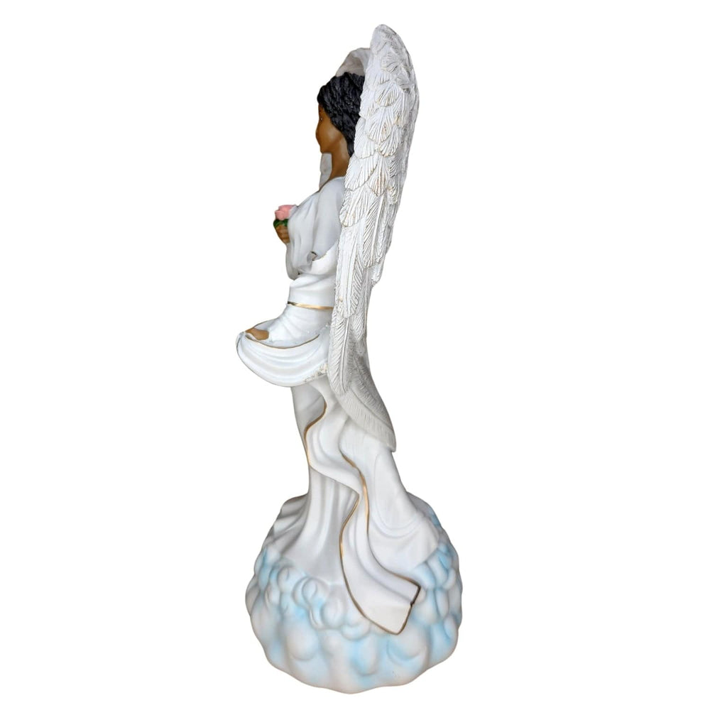 Graceful African American Angel in White with Rose Figurine