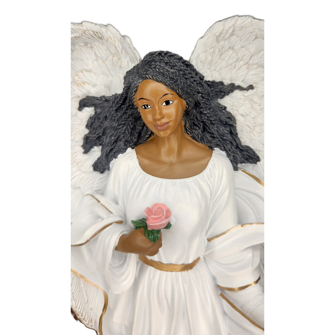 Graceful African American Angel in White with Rose Figurine