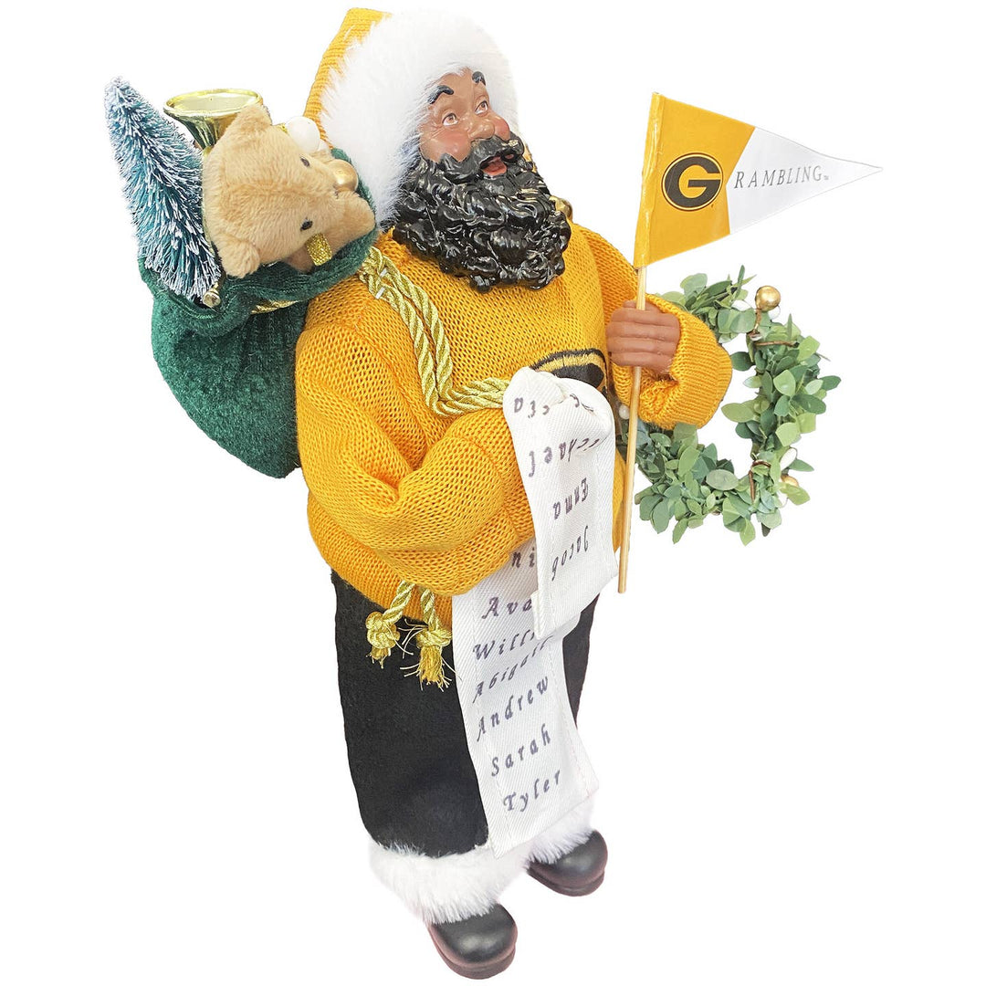 Angled view of Grambling Santa figurine with green toy sack and name list