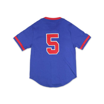 Hank Aaron: Indianapolis Clowns Heritage Baeball Jersey - Blue baseball jersey with red accents and 'Clowns' text on a white background (Rear)