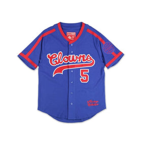 Hank Aaron: Indianapolis Clowns Heritage Baeball Jersey - Blue baseball jersey with red accents and 'Clowns' text on a white background (Front)