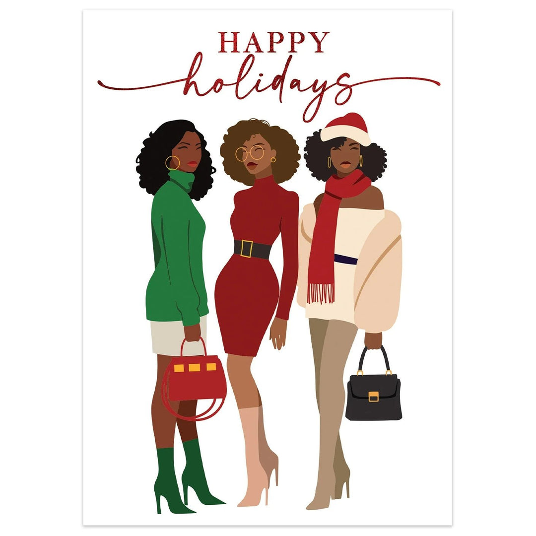 Happy Holidays: African American Christmas Card Box Set (Main) - Three women in festive clothing with 'Happy Holidays' text on a white background