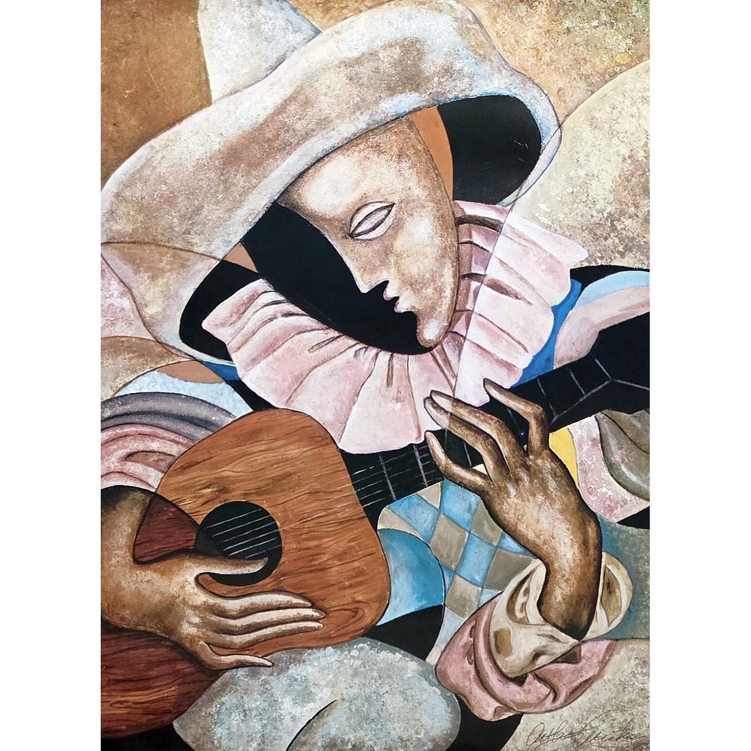 Abstract artwork of a face holding a guitar with geometric patterns