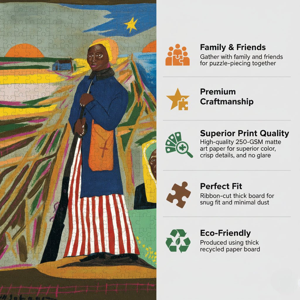 Harriet Tubman by William Johnson: Black History Puzzle (Infographic) - Jigsaw puzzle packaging with artwork of a person and text highlighting features.