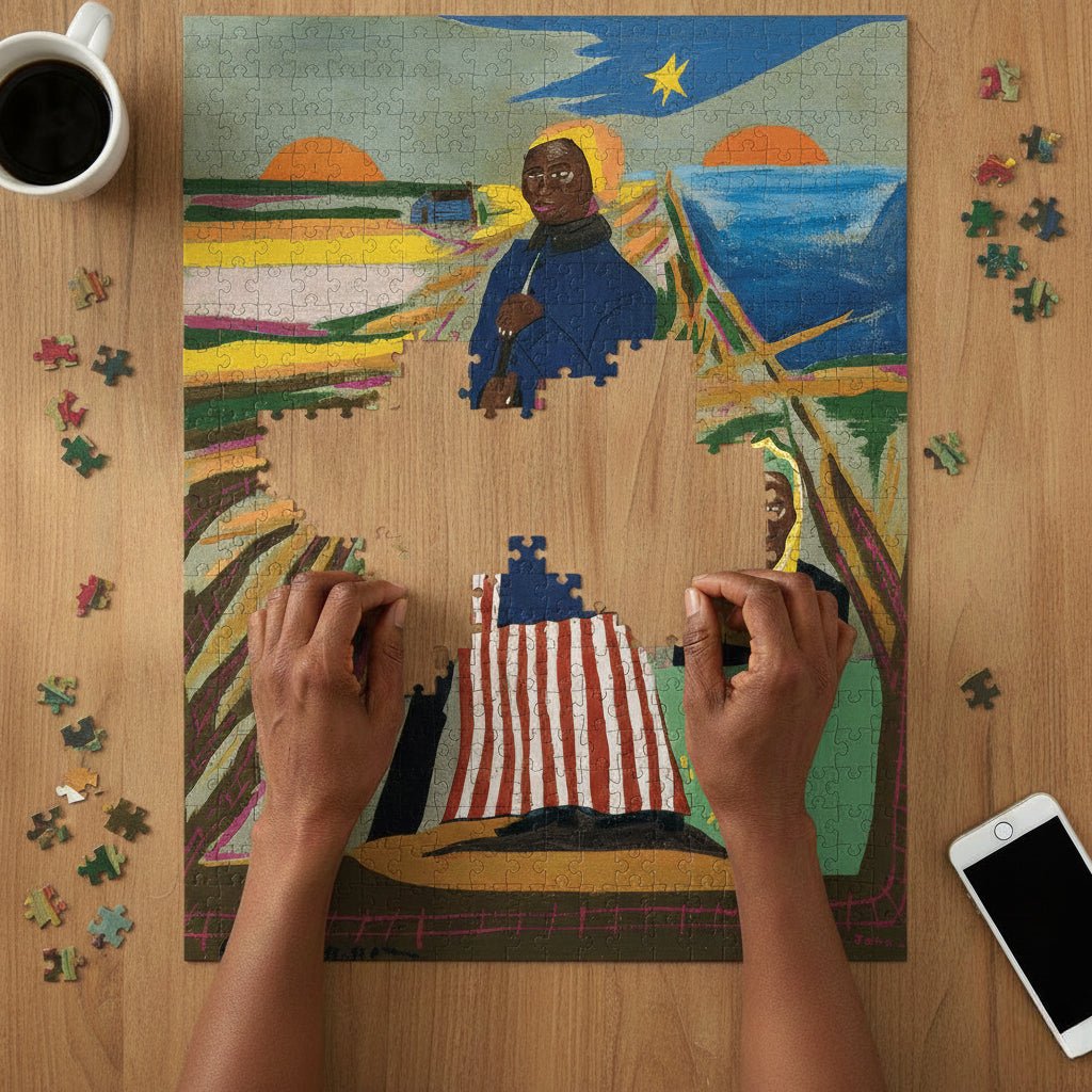 Harriet Tubman by William Johnson: Black History Puzzle (Puzzling Lifestyle) - Person assembling a puzzle of a famous artwork on a wooden table with a cup of coffee and phone.