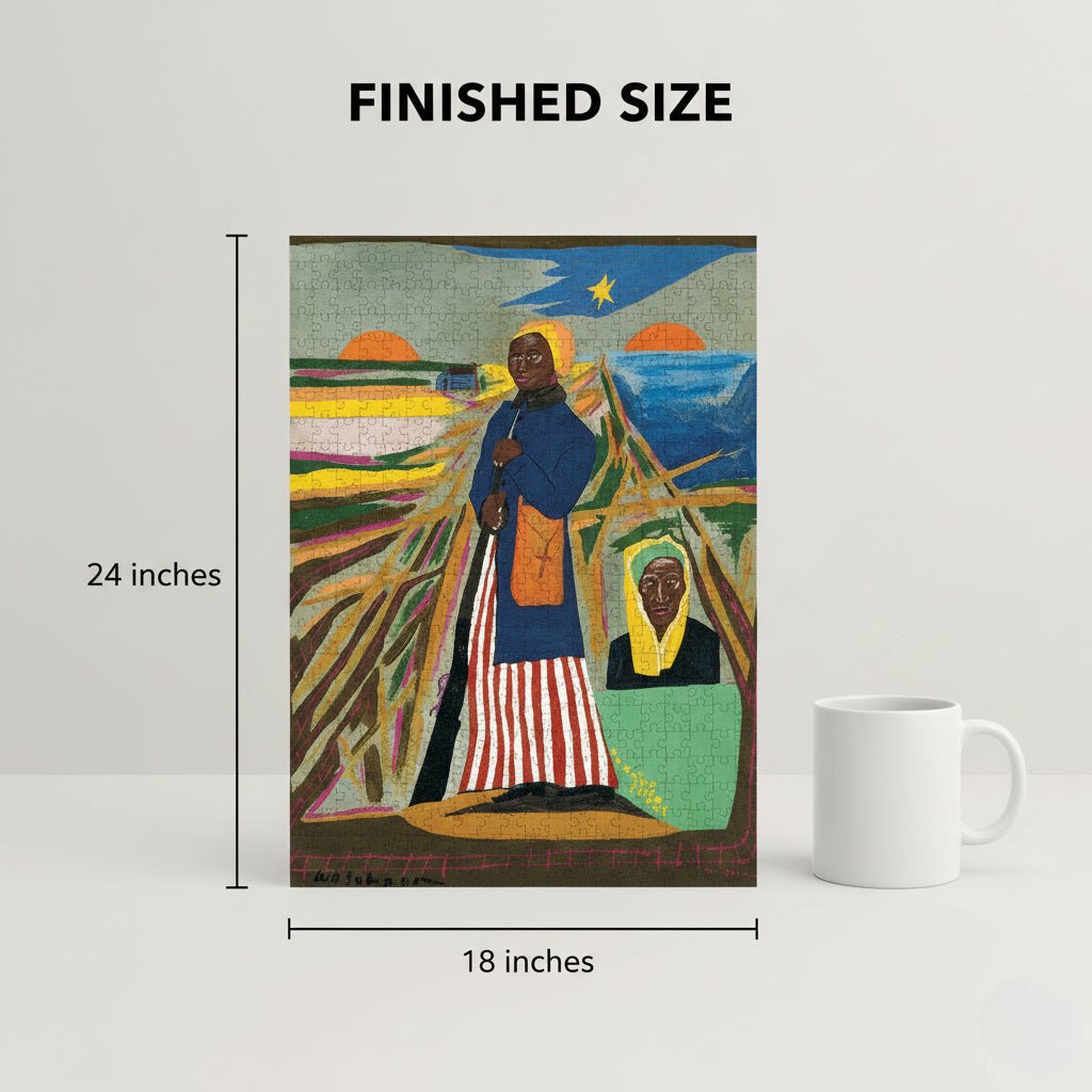 Harriet Tubman by William Johnson: Black History Puzzle (Sizing Guide) - Artistic depiction of a figure with a landscape background, shown with dimensions and a mug for scale.