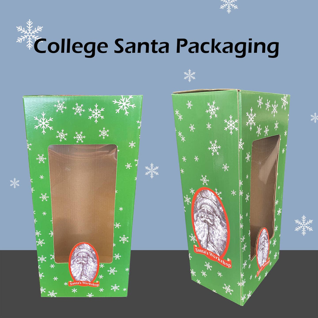 HBCU Proud Santa gift box in green with white snowflakes and a display window