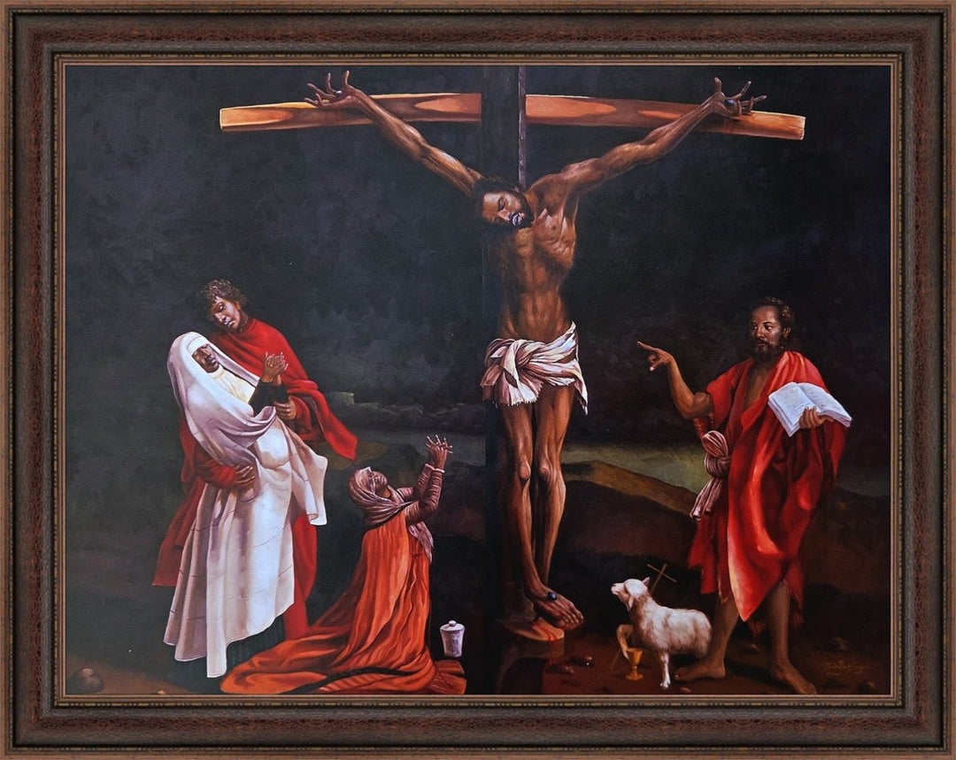 He Suffers for You, brown frame: Black Jesus on the cross with the Lamb of God