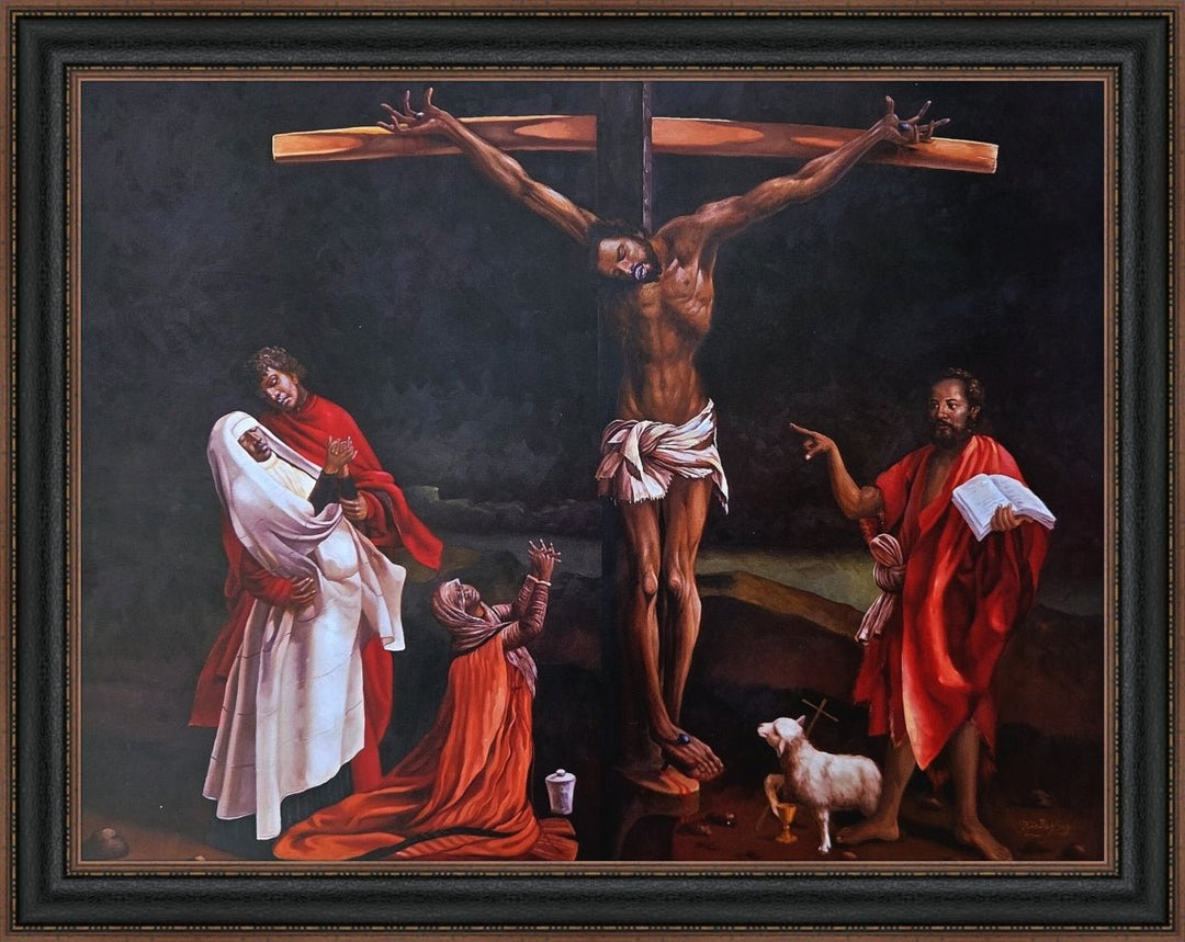 He Suffers for You, black frame: Black Jesus on the cross with the Lamb of God