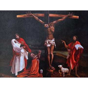He Suffers for You print: Black Jesus on the cross with Mary and the Lamb of God