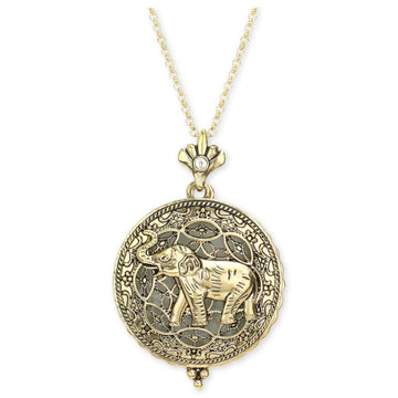Heritage Elephant Magnifying Glass Long Pendant Necklace - Gold elephant pendant necklace on a white background (Gold, Main)