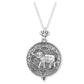 Heritage Elephant Magnifying Glass Long Pendant Necklace - Silver elephant pendant necklace on a white background (Rhodium, Main)