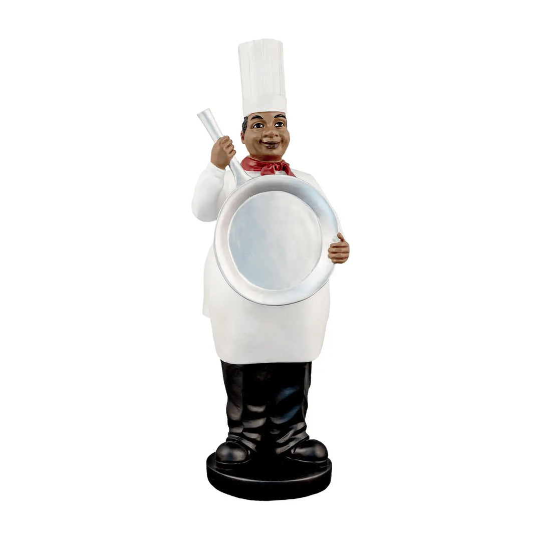 His Small Pan: African American Chef Figurine (Main) - Statue of a chef holding a pan on a white background