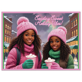 Holiday Vibes (Ivy Edition): African American Christmas Card Box Set (Main) - Two children in winter clothing holding hot chocolate with a snowy town background and text 'Sending Sweet Holiday Vibes!'.