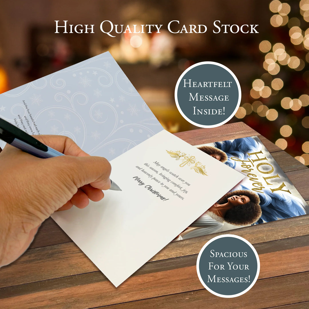 Holy Forever: African American Christmas Card Box Set (Infographic) - Handwriting on a Christmas card with text about high-quality card stock and heartfelt messages.