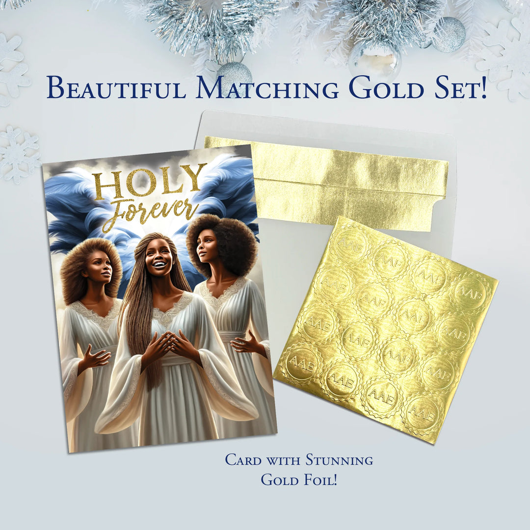 Holy Forever: African American Christmas Card Box Set (Gold Foil and Seals) - Card with gold foil design and matching gold envelope on a white background