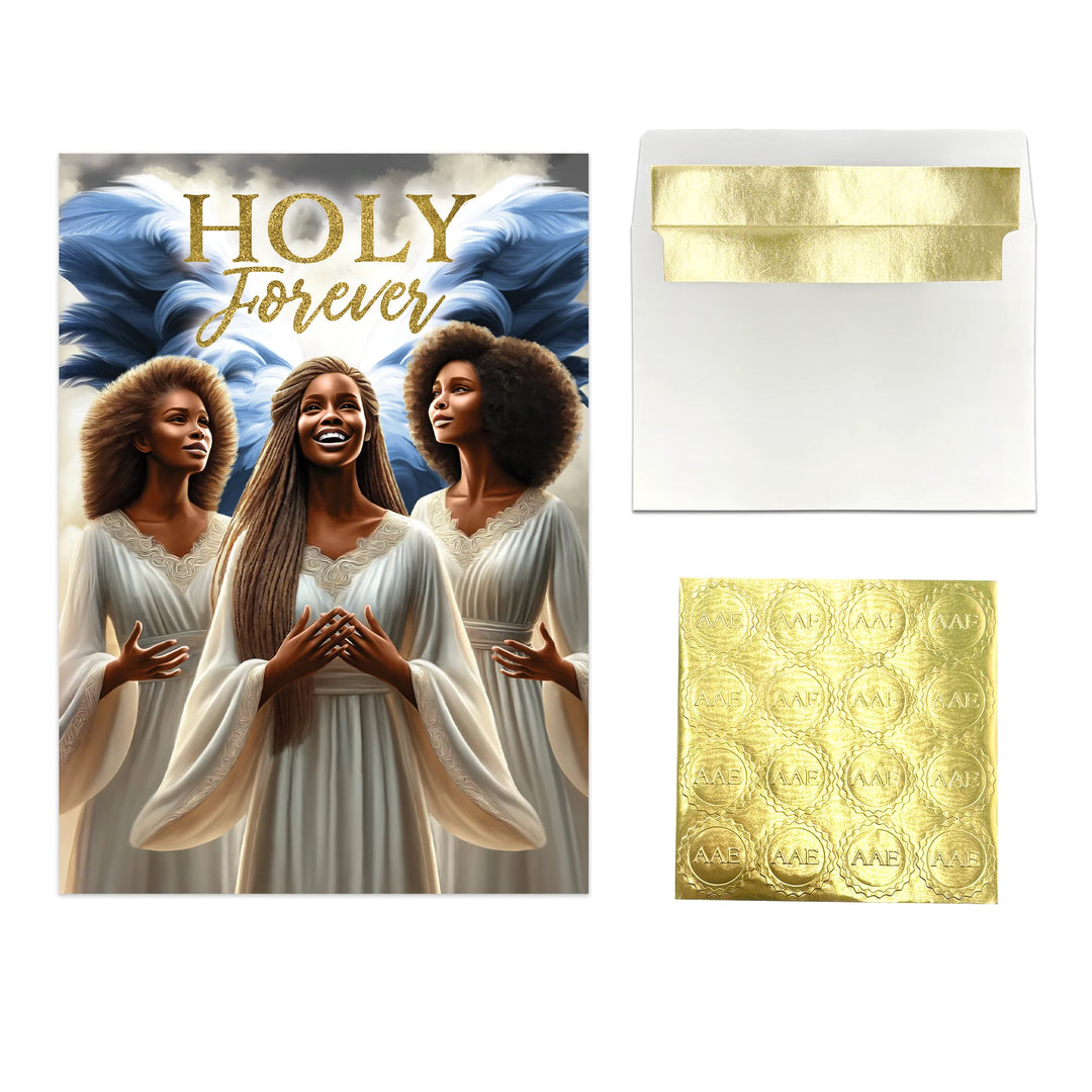 Holy Forever: African American Christmas Card Box Set (Full Product View) - Card with 'Holy Forever' text and three women in white robes, accompanied by gold foil sheets.