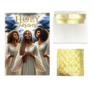 Holy Forever: African American Christmas Card Box Set (Full Product View) - Card with 'Holy Forever' text and three women in white robes, accompanied by gold foil sheets.