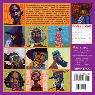 For the Culture: The Art of C'Babi Bayoc 2027 African American Wall Calendar (Rear) - For The Culture 2027 back cover with twelve Cbabi Bayoc works