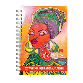 I Am Chosen 2027 Weekly Inspirational Planner by GBaby (Main) - A spiral-bound 2027 weekly inspirational planner featuring a vibrant, colorful illustration of a woman with closed eyes, wearing a green headwrap and red face, with the text 'I AM Chosen' and '2027 Weekly Inspirational Planner' on the cover.