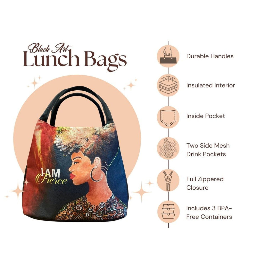 Sylvia "GBaby" Cohen's I Am Fierce lunch bag with profile of confident woman (Infographic)