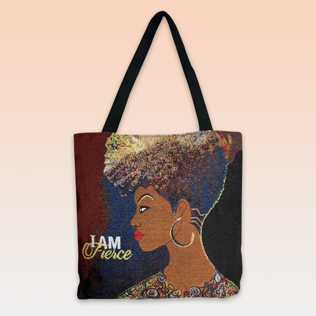 I am Fierce: African American Woven Tote Bag by GBaby (Colored Background)