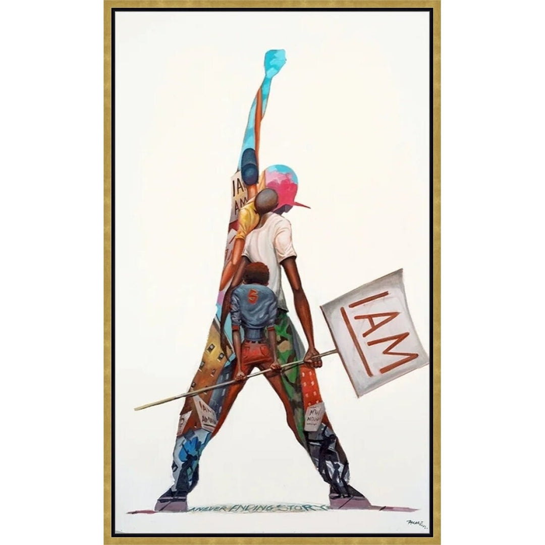 I Am by Frank Morrison (Stretched Canvas w/ Gold Floater Frame) - Colorful artwork of a figure holding a flag with 'I AM' text, framed in gold.