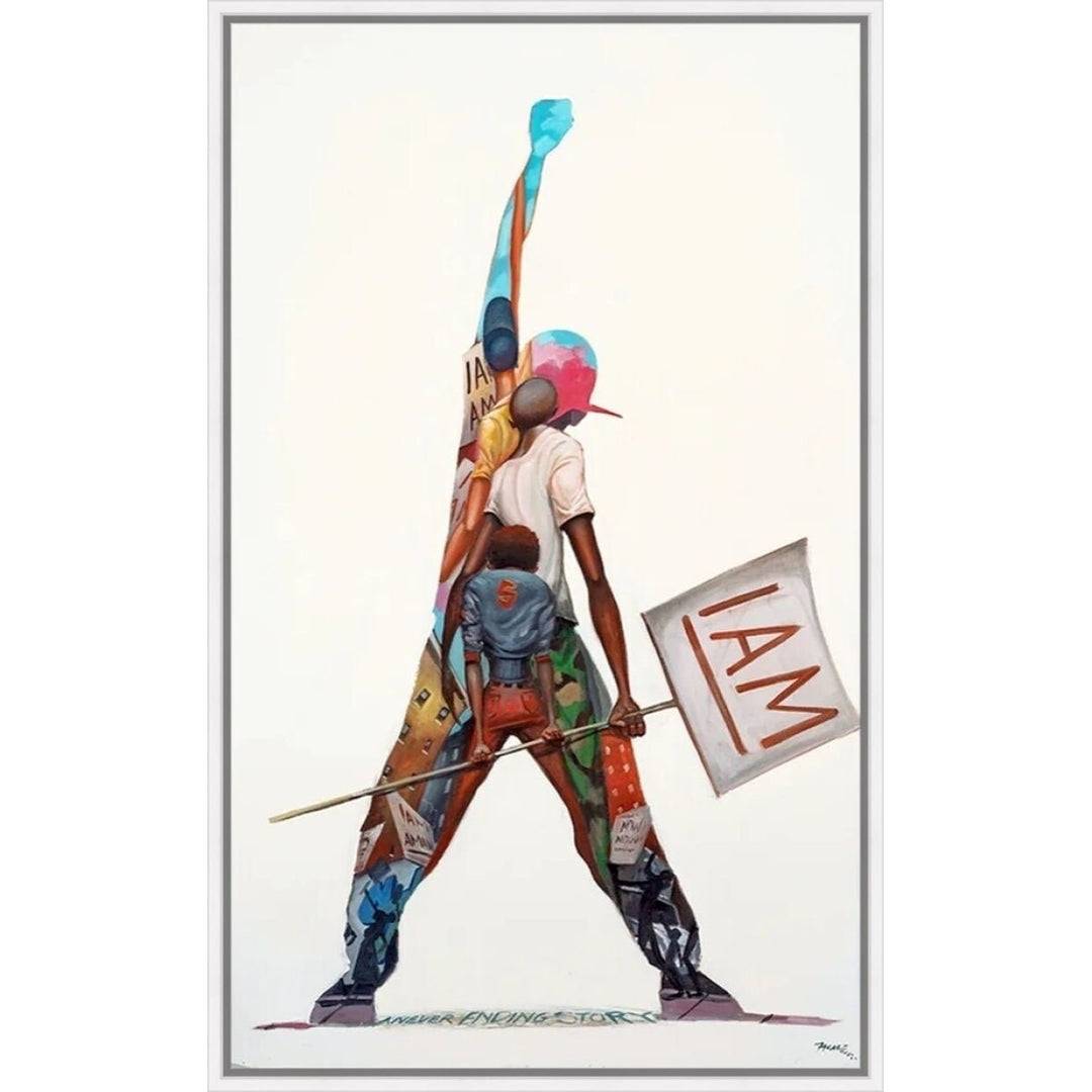 I Am by Frank Morrison (Stretched Canvas w/ White Floater Frame) - Colorful artwork of a figure holding a flag with 'I AM' text on a white background