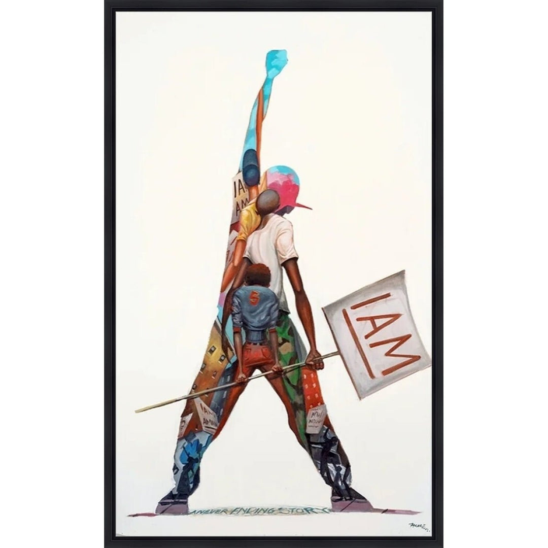 I Am by Frank Morrison (Stretched Canvas w/ Black Floater Frame) - Colorful artwork of a figure holding a flag with 'I AM' text on a white background