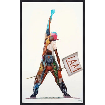 I Am by Frank Morrison (Stretched Canvas w/ Black Floater Frame) - Colorful artwork of a figure holding a flag with 'I AM' text on a white background