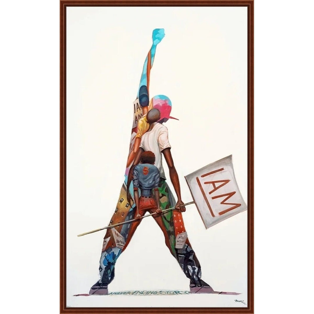 I Am by Frank Morrison (Stretchd Canvas w/ Walnut Floater Frame) - Colorful artwork of a figure holding a flag with 'I AM' text, framed in brown.