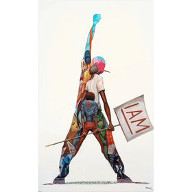 I Am by Frank Morrison (Unstretched Canvas) - Colorful artwork of a figure holding a 'I AM' sign on a white background