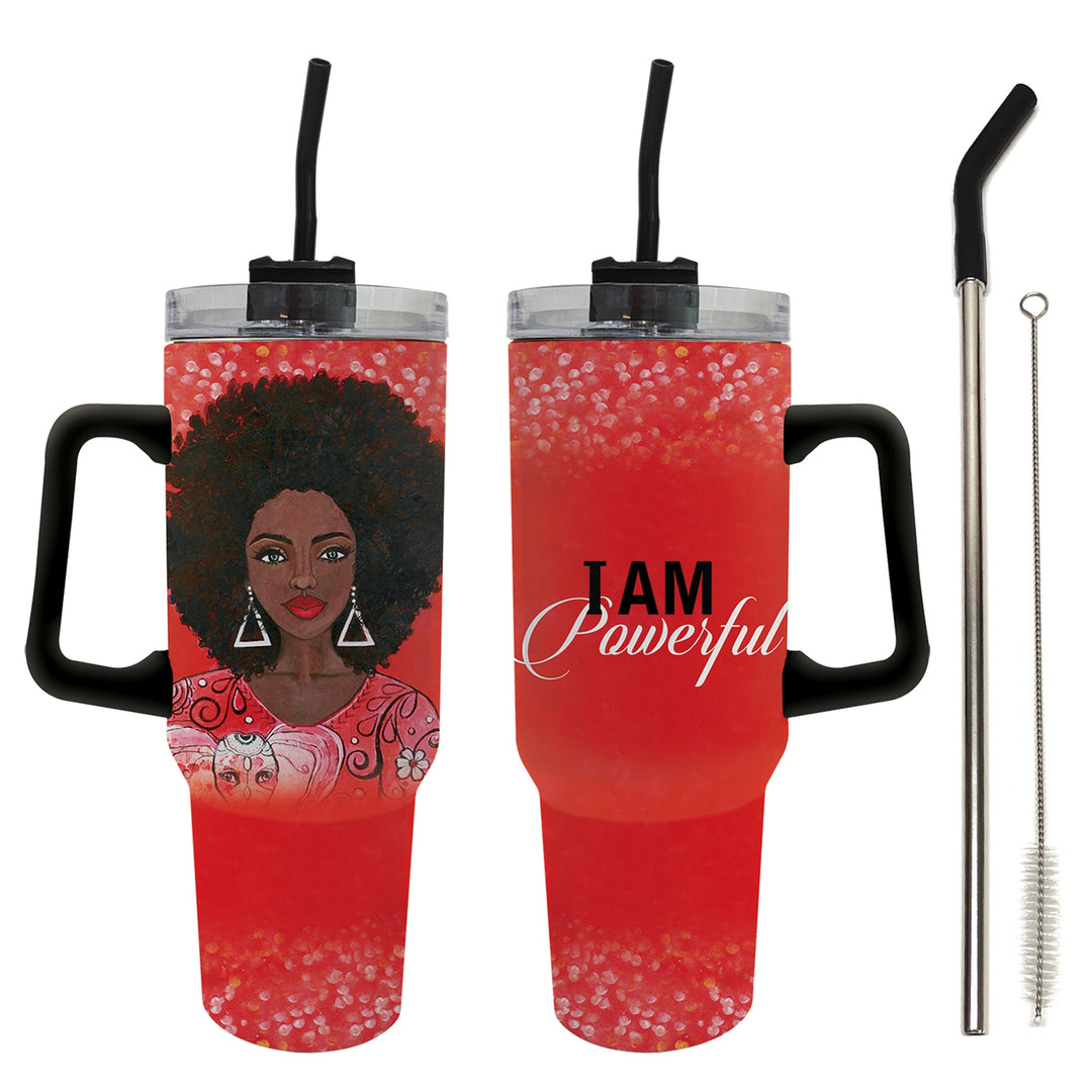 I am Powerful by Sylvia "GBaby" Cohen: Detla Sigma Theta Tumbler with Handle (Main) - Two views of a red insulated tumbler with black handles and straws, shown on a white background. One view features an illustration of a Black woman with an afro, and the other shows the text 'I AM Powerful' in black and white script.
