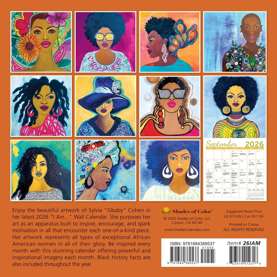 I Am: Art of Sylvia "Gbaby" Cohen 2026 African American Wall Calendar (Back) - Calendar cover with colorful illustrations of women on an orange background
