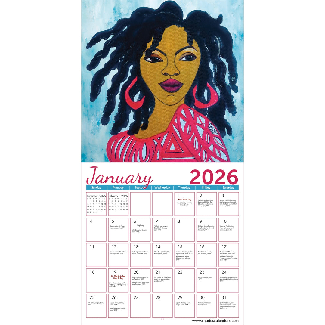 I Am: Art of Sylvia "Gbaby" Cohen 2026 African American Wall Calendar (Inside 3) - Calendar for January 2026 with a stylized illustration of a woman on the cover.