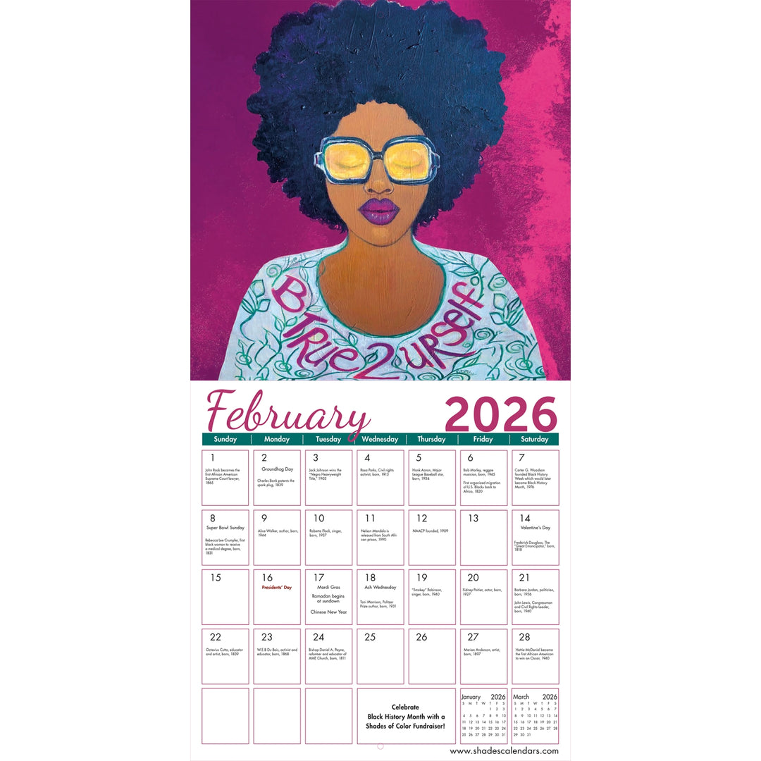 I Am: Art of Sylvia "Gbaby" Cohen 2026 African American Wall Calendar (Inside) - Calendar for February 2026 with a colorful illustration of a woman on a purple and pink background.