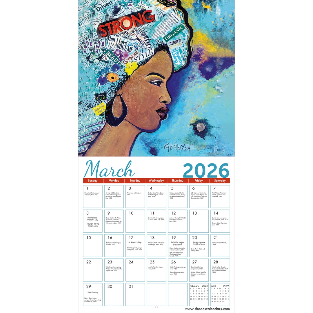 I Am: Art of Sylvia "Gbaby" Cohen 2026 African American Wall Calendar (Inside 2) - Calendar for March 2026 with a colorful illustration of a woman on the cover