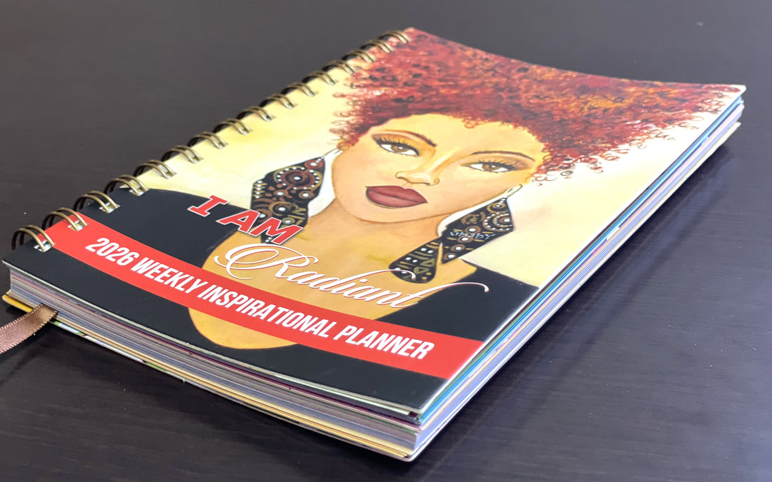 I Am Radiant by Syliva "Gbaby" Cohen: 2026 African American Weekly Inspirational Planner (Lifestyle Front) - Planner with a cover featuring a woman's face and 'I AM Radiant' text on a dark surface