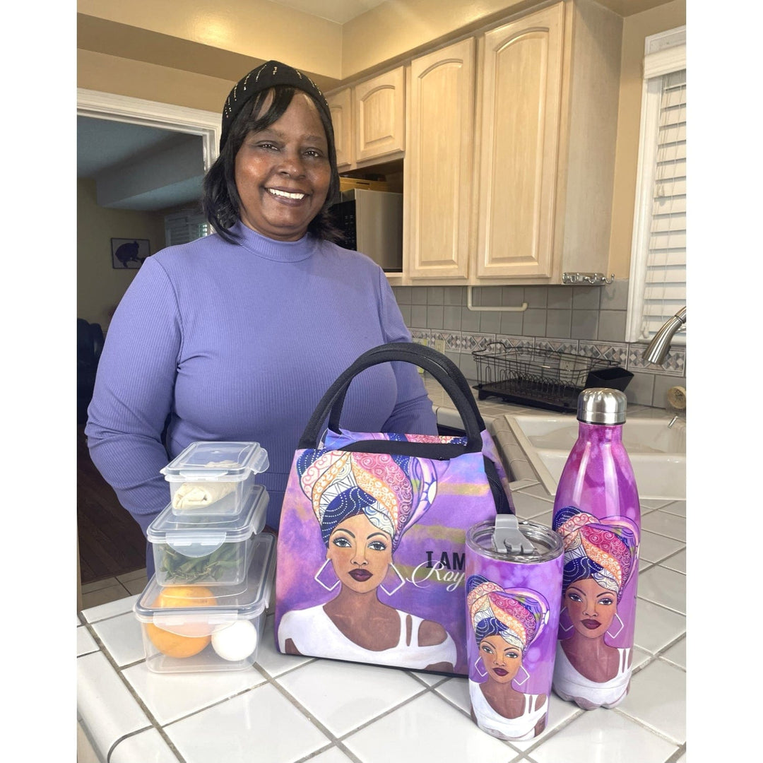 Sylvia "GBaby" Cohen's I Am Royal purple lunch bag with headwrap queen design (Lifestyle)