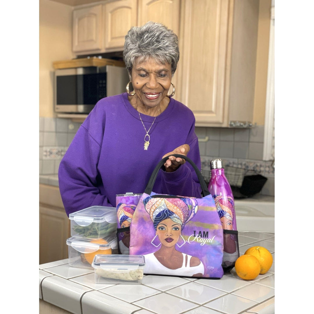 Sylvia "GBaby" Cohen's I Am Royal purple lunch bag with headwrap queen design (Lifestyle 2)