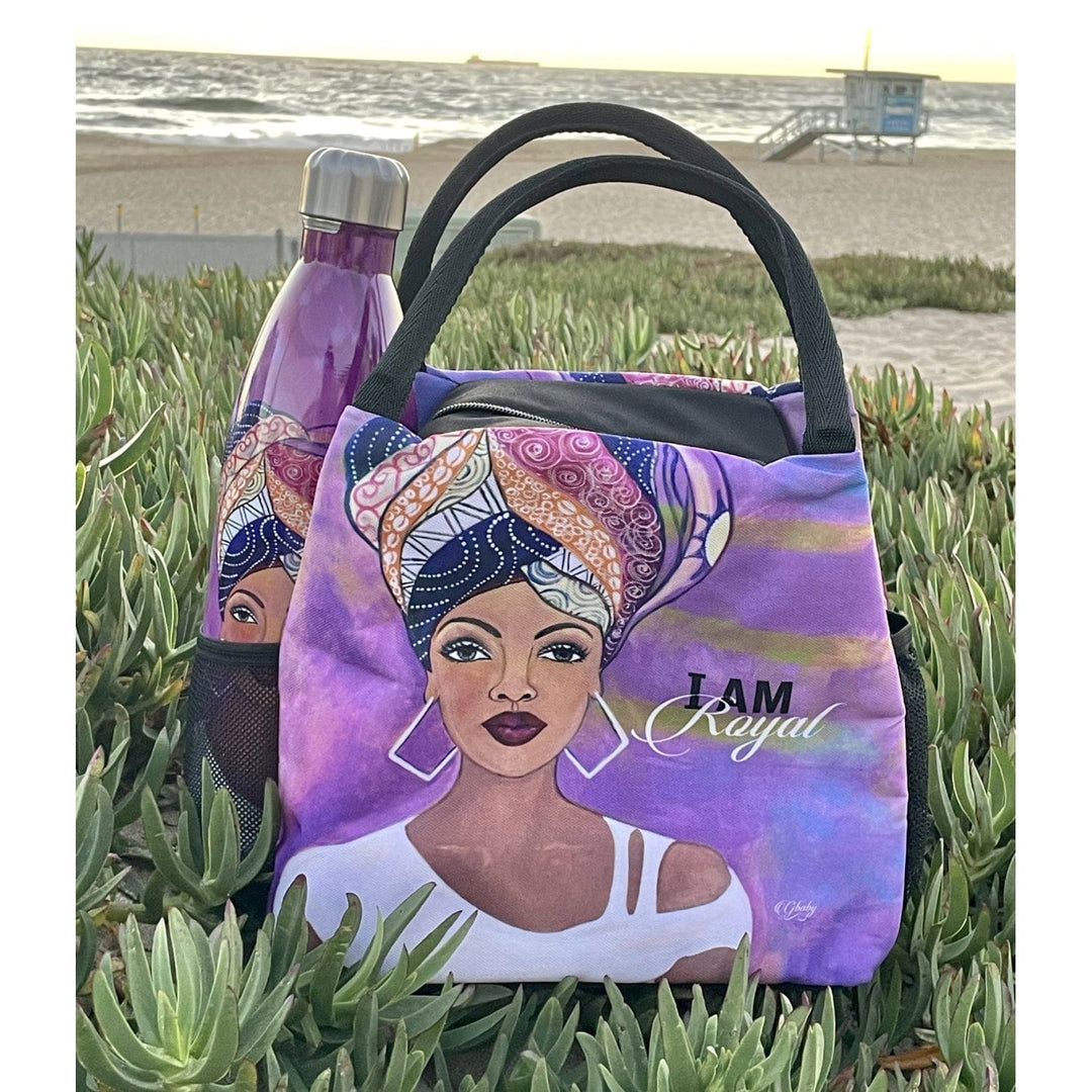 Sylvia "GBaby" Cohen's I Am Royal purple lunch bag with headwrap queen design (Lifestyle 4)