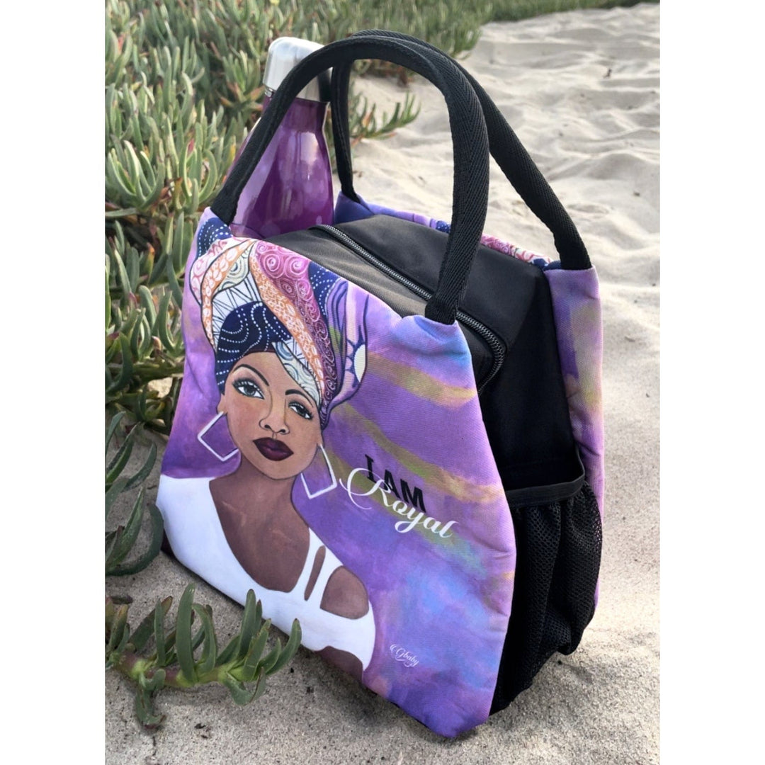 Sylvia "GBaby" Cohen's I Am Royal purple lunch bag with headwrap queen design (Lifestyle 5)