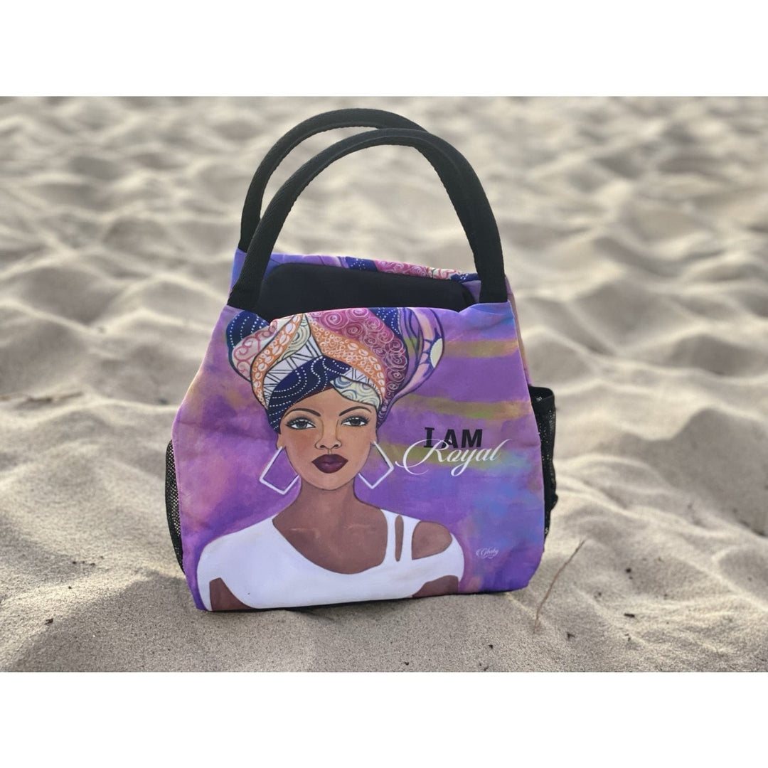 Sylvia "GBaby" Cohen's I Am Royal purple lunch bag with headwrap queen design (Lifestyle 6)