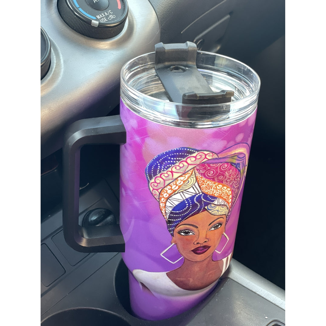 I am Royal by Sylvia "GBaby" Cohen: African American 40 Ounce Tumbler with Long Handle (Lifestyle) - A purple handled tumbler with a clear lid and black handle, featuring a graphic illustration of a woman in a patterned headwrap, sitting in a car cup holder.