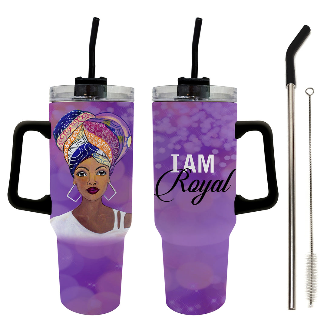 I am Royal by Sylvia "GBaby" Cohen: African American 40 Ounce Tumbler with Long Handle (Main) - Two purple handled tumblers with black straws on a white background, shown from front and back. The left tumbler features an illustrated woman in a colorful headwrap, and the right tumbler has the words 'I AM Royal' in white and black script.