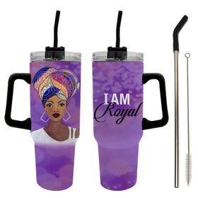 I am Royal by Sylvia "GBaby" Cohen: African American 40 Ounce Tumbler with Long Handle (Main) - Two purple handled tumblers with black straws on a white background, shown from front and back. The left tumbler features an illustrated woman in a colorful headwrap, and the right tumbler has the words 'I AM Royal' in white and black script.