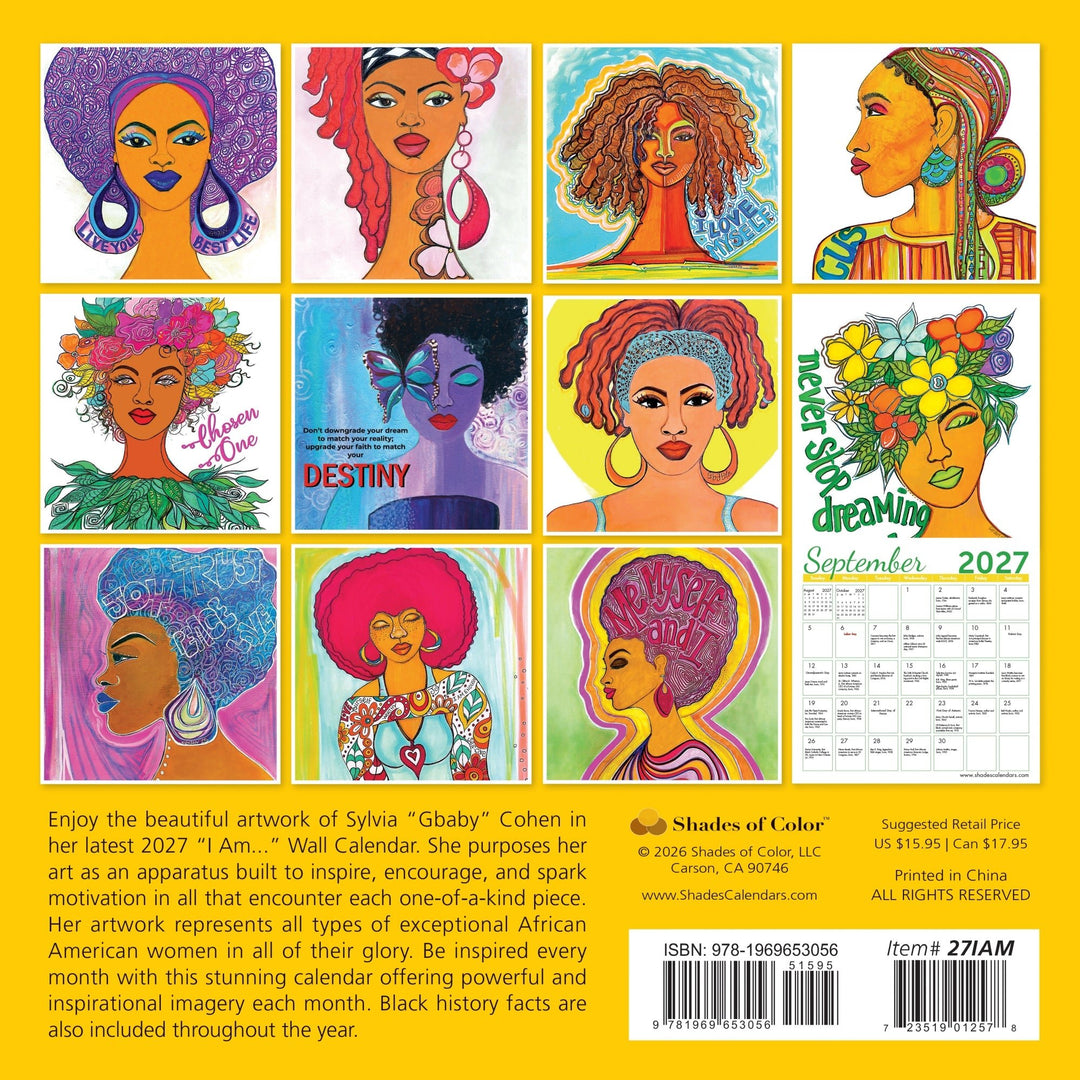 I Am Chosen: The Art of GBaby 2027 Wall Calendar (Rear) - Back cover of the September 2027 issue of Shades of Color calendar featuring a 3x4 grid of colorful illustrations by Sylvia 'Gabby' Cohen, with text describing the calendar and a barcode at the bottom.